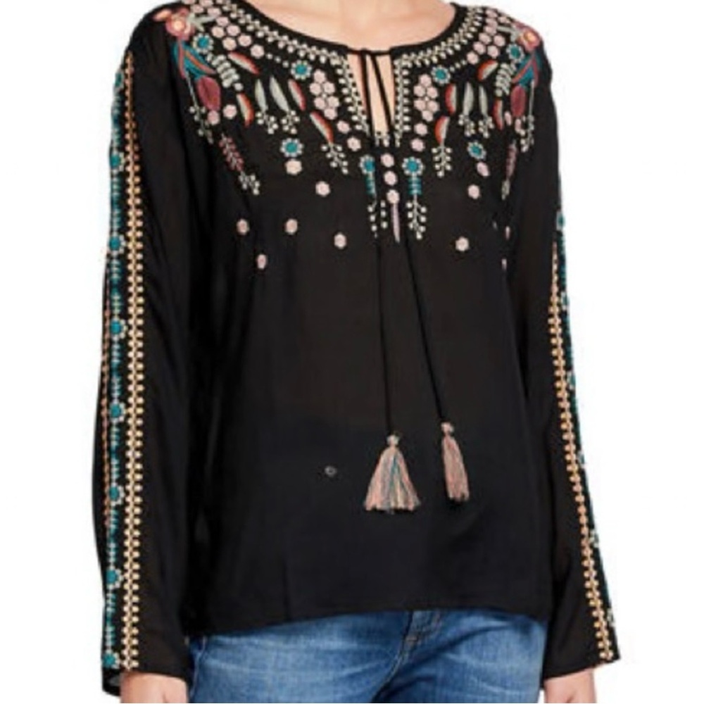 Raj Womens Long Sleeve Floral Embroidered Top Tassel Tie Peasant Boho Fairy M